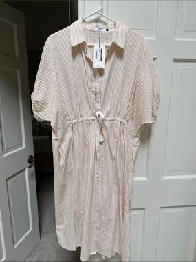 Light Pink Striped Tie-Waist Midi Shirt Dress